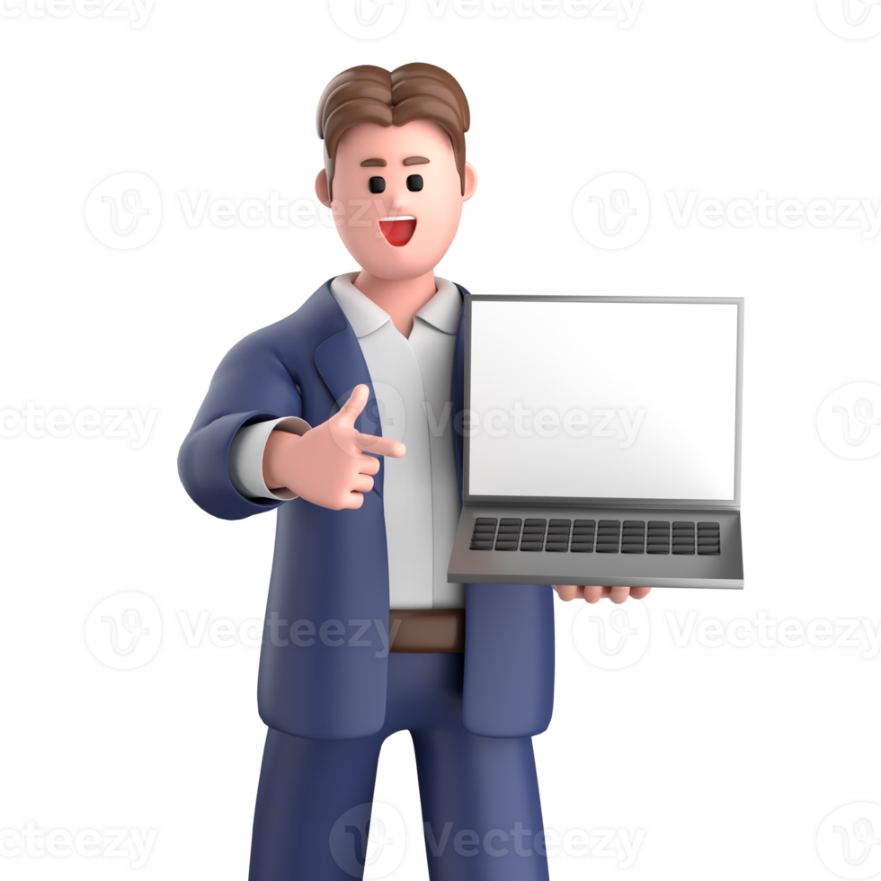 3d businessman executive pose and standing with laptop isolated on transparent background, 3d rendering png
