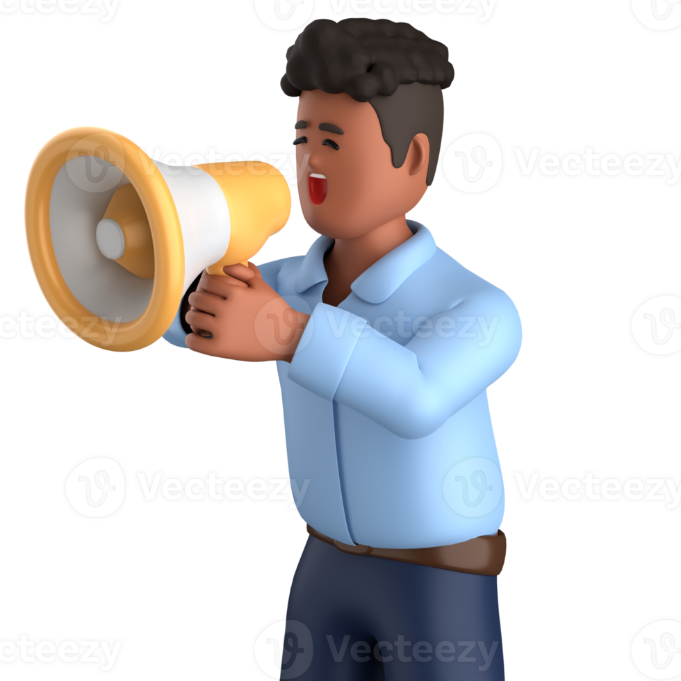 3d homem de negocios executivo pose e em pé com megafone isolado em transparente fundo, 3d Renderização png