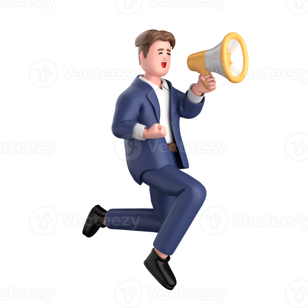 3d businessman executive pose and standing with megaphone isolated on transparent background, 3d rendering png