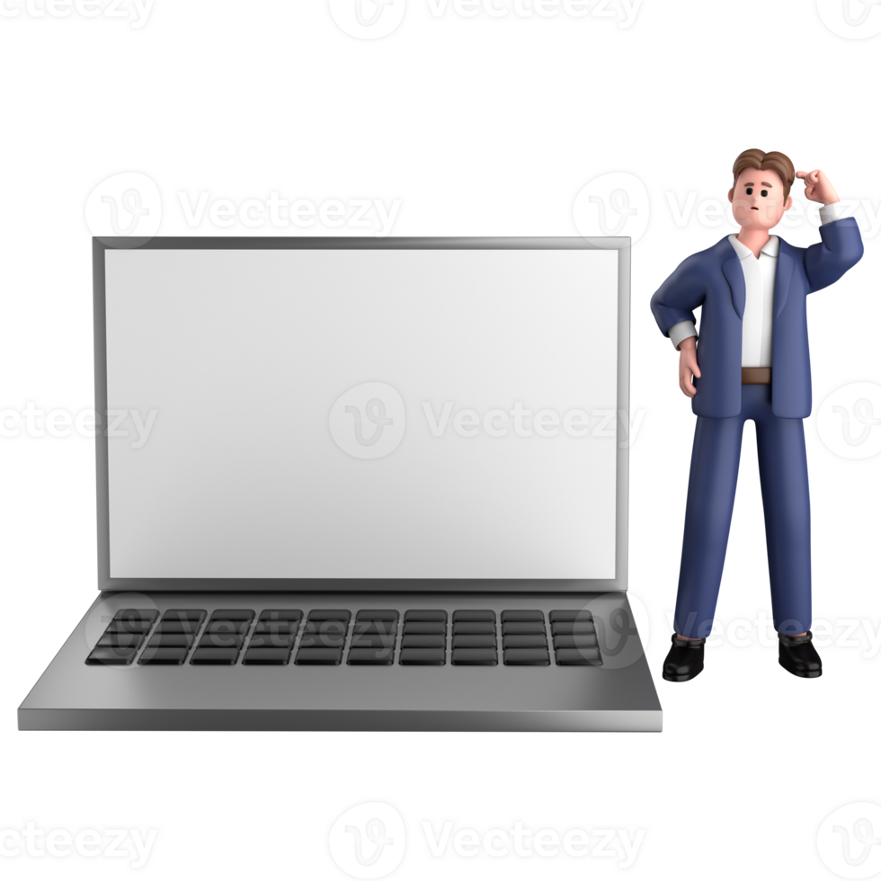 3d businessman executive pose and standing with laptop isolated on transparent background, 3d rendering png