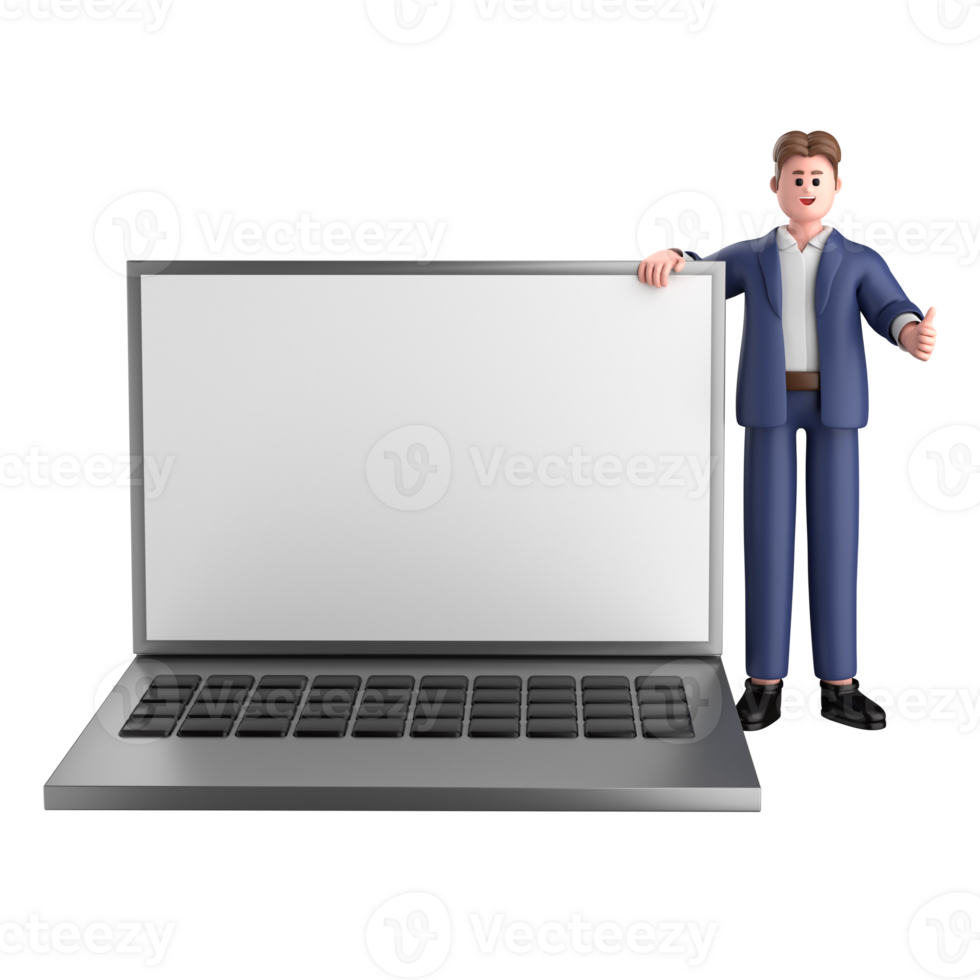 3d businessman executive pose and standing with laptop isolated on transparent background, 3d rendering png