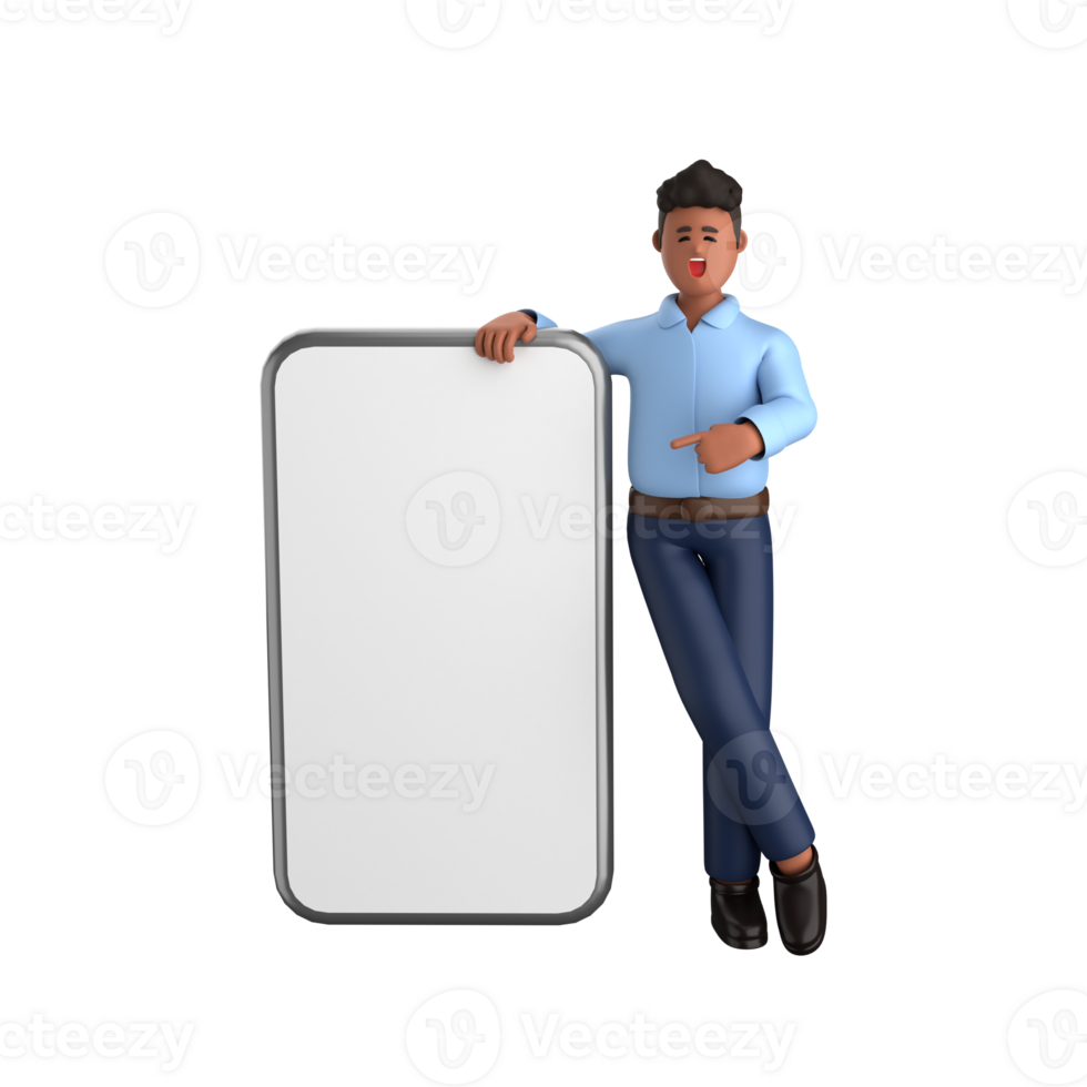 3d businessman executive pose and standing with mobile phone isolated on transparent background, 3d rendering png