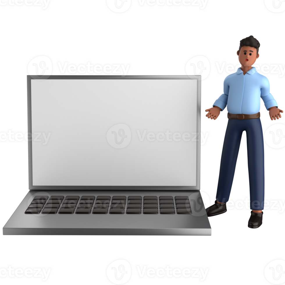 3d businessman executive pose and standing with laptop isolated on transparent background, 3d rendering png