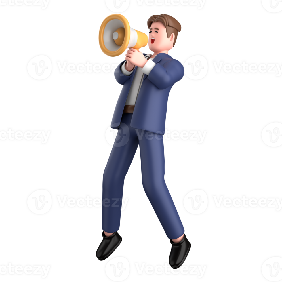 3d businessman executive pose and standing with megaphone isolated on transparent background, 3d rendering png