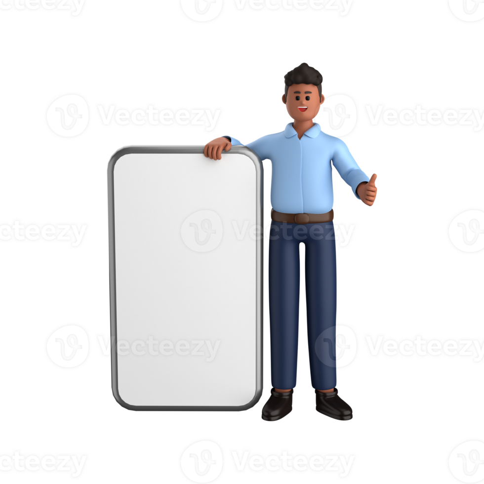 3d businessman executive pose and standing with mobile phone isolated on transparent background, 3d rendering png