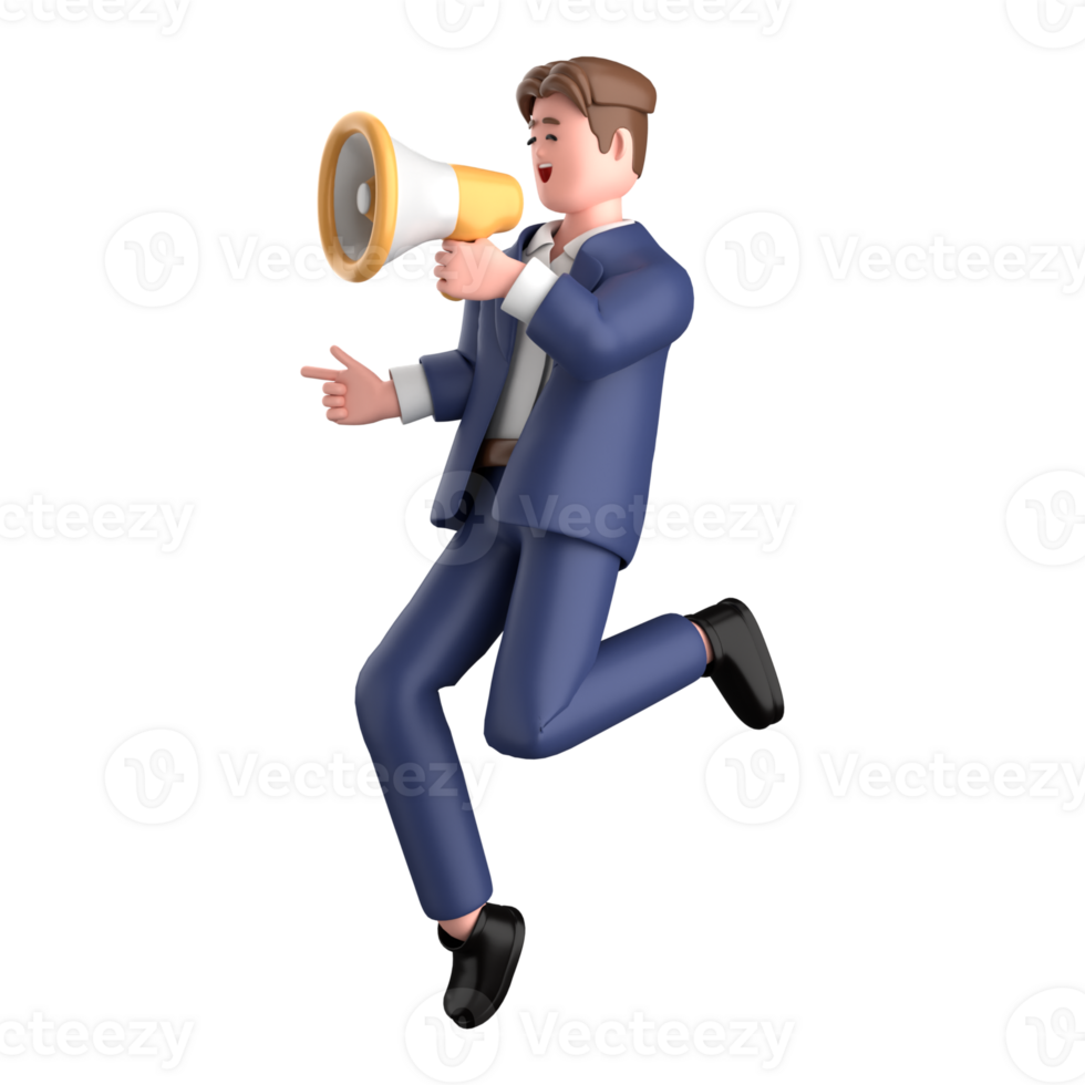 3d businessman executive pose and standing with megaphone isolated on transparent background, 3d rendering png