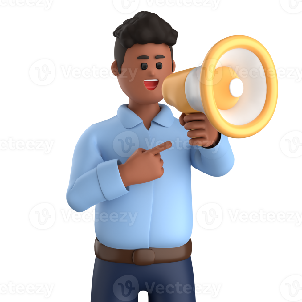 3d businessman executive pose and standing with megaphone isolated on transparent background, 3d rendering png