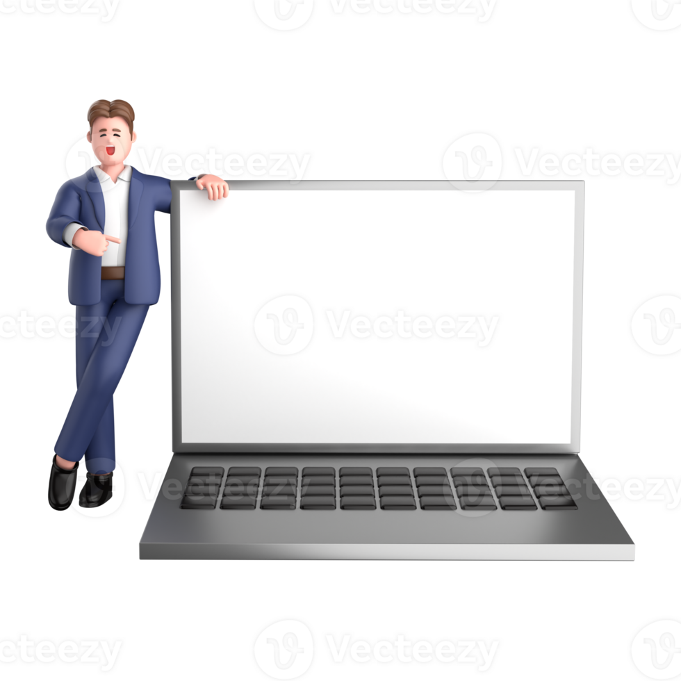 3d businessman executive pose and standing with laptop isolated on transparent background, 3d rendering png
