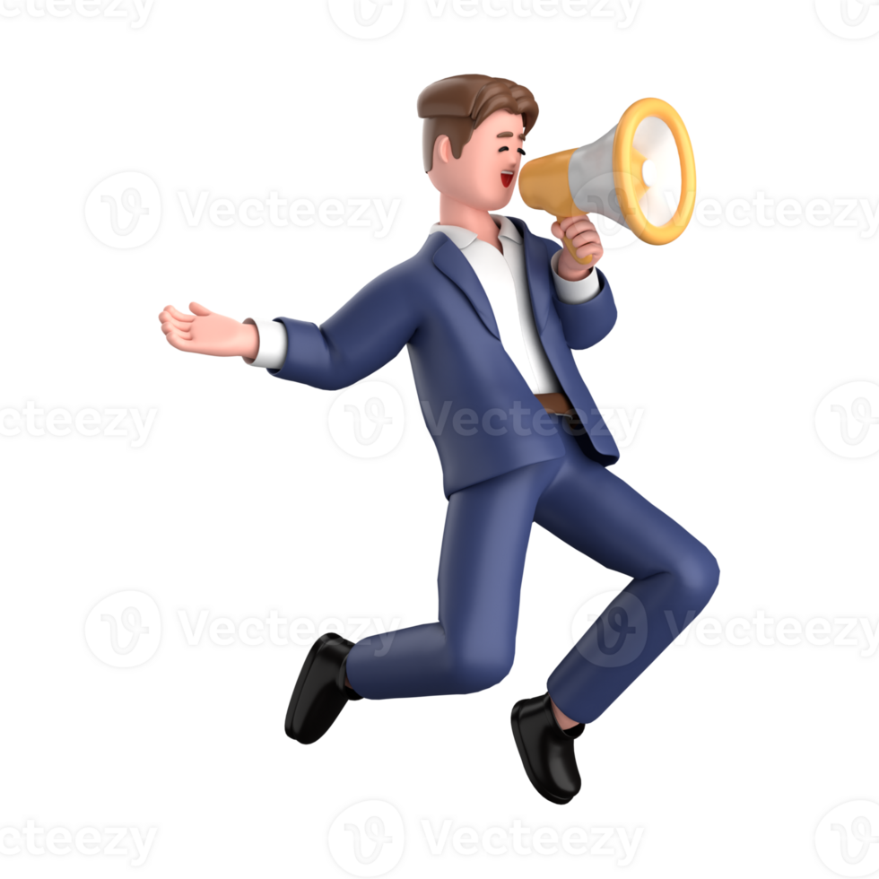 3d businessman executive pose and standing with megaphone isolated on transparent background, 3d rendering png
