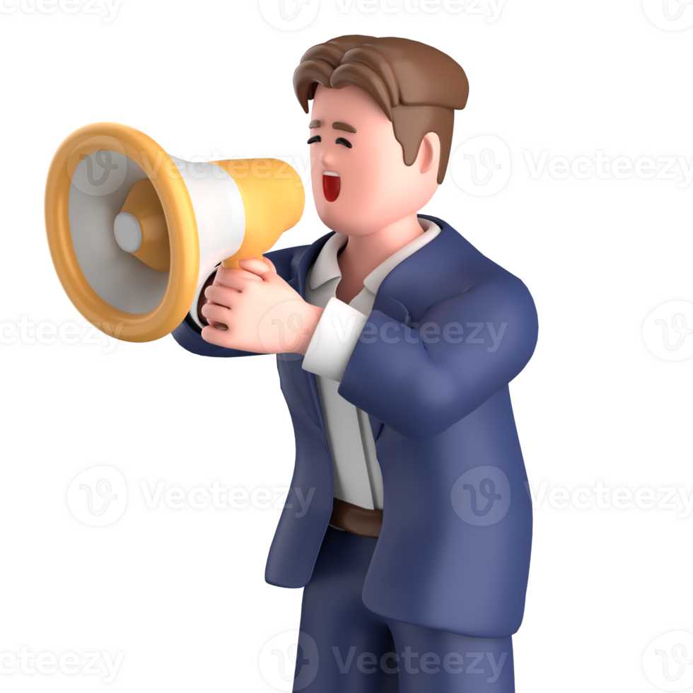 3d businessman executive pose and standing with megaphone isolated on transparent background, 3d rendering png