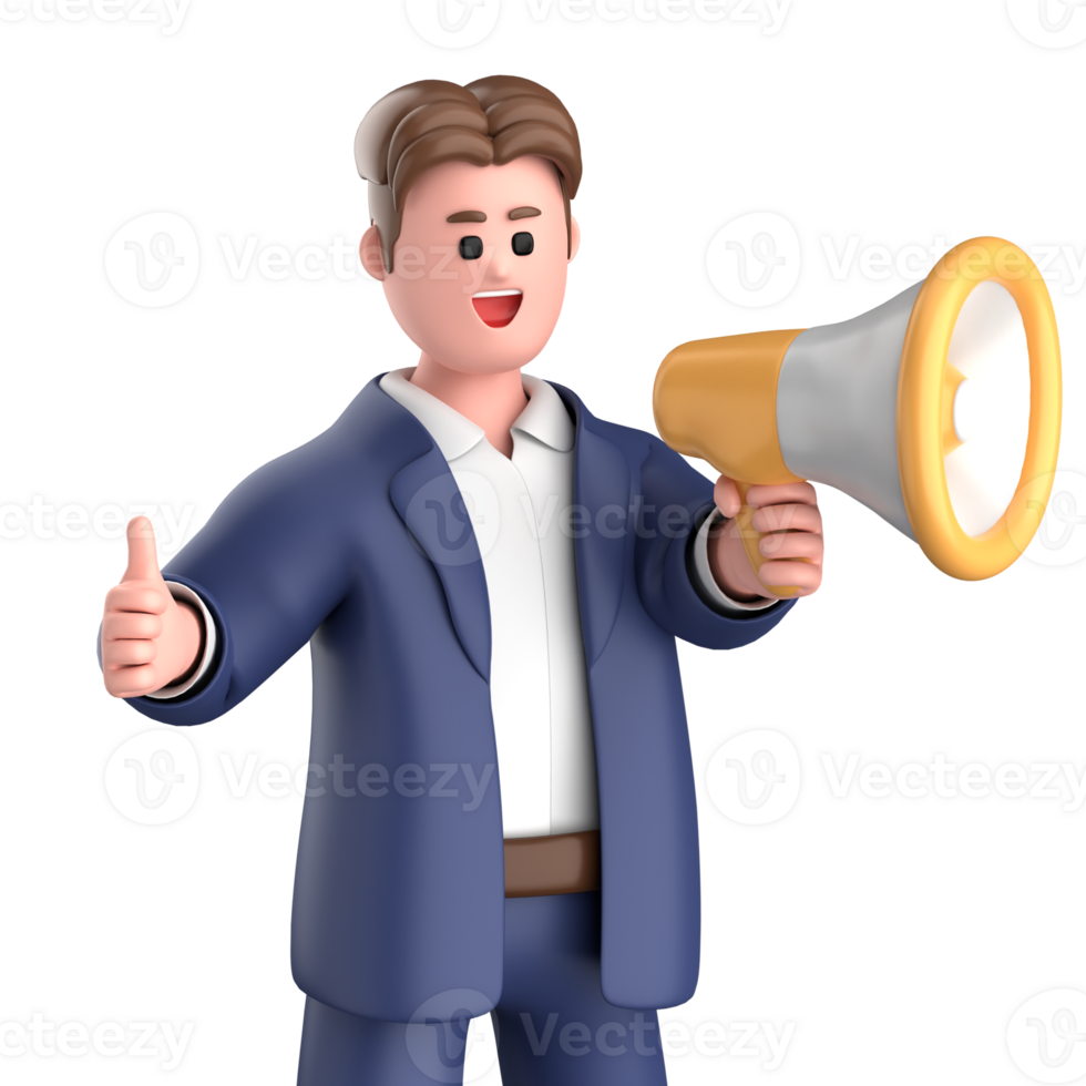 3d businessman executive pose and standing with megaphone isolated on transparent background, 3d rendering png