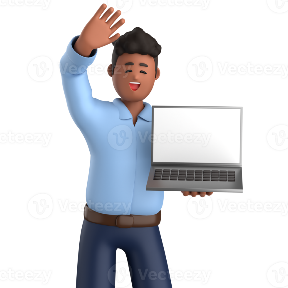 3d businessman executive pose and standing with laptop isolated on transparent background, 3d rendering png