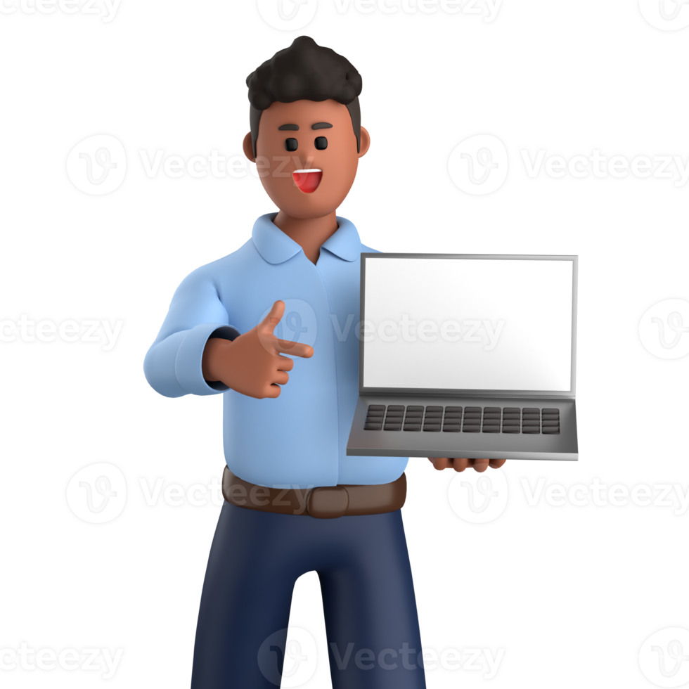 3d businessman executive pose and standing with laptop isolated on transparent background, 3d rendering png