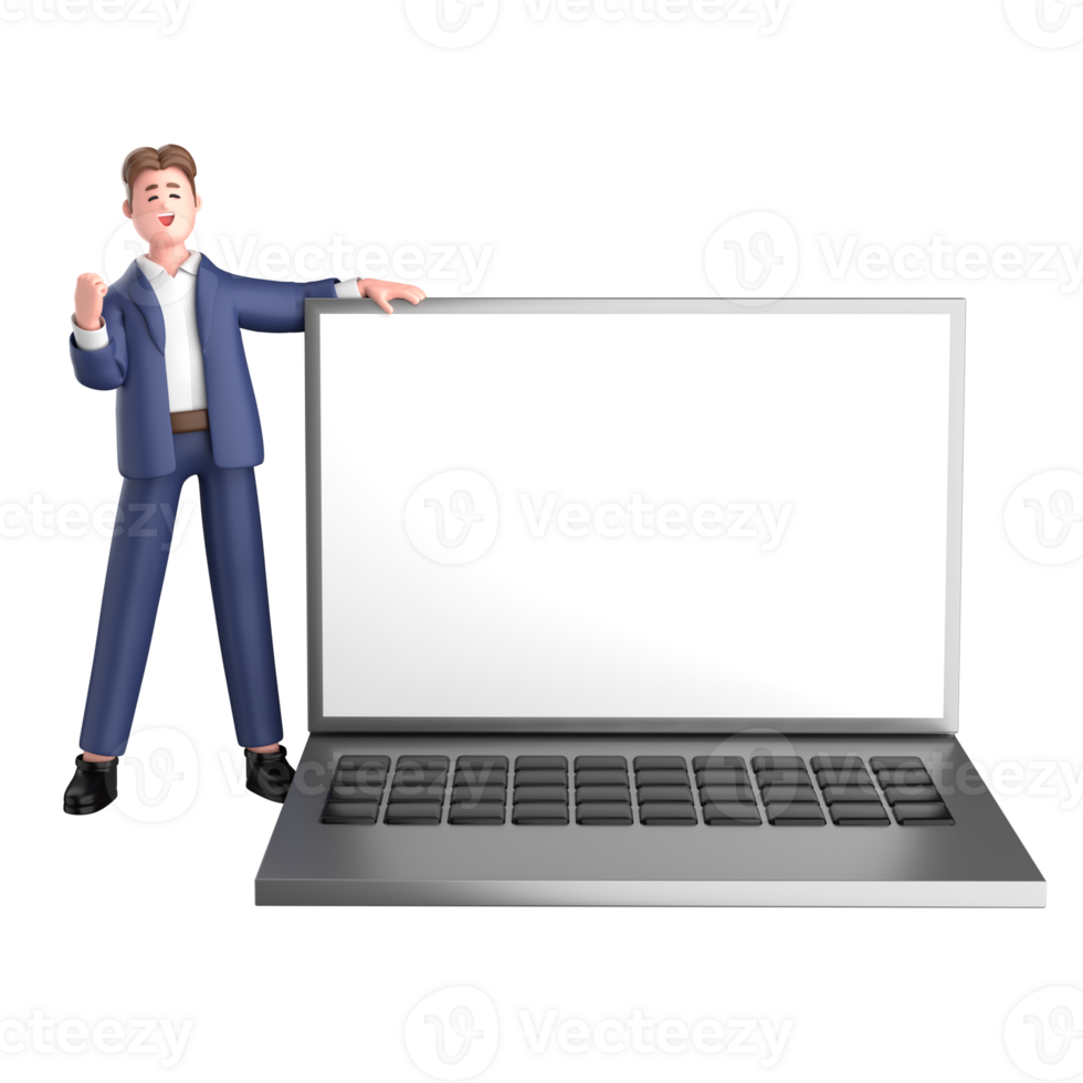 3d businessman executive pose and standing with laptop isolated on transparent background, 3d rendering png