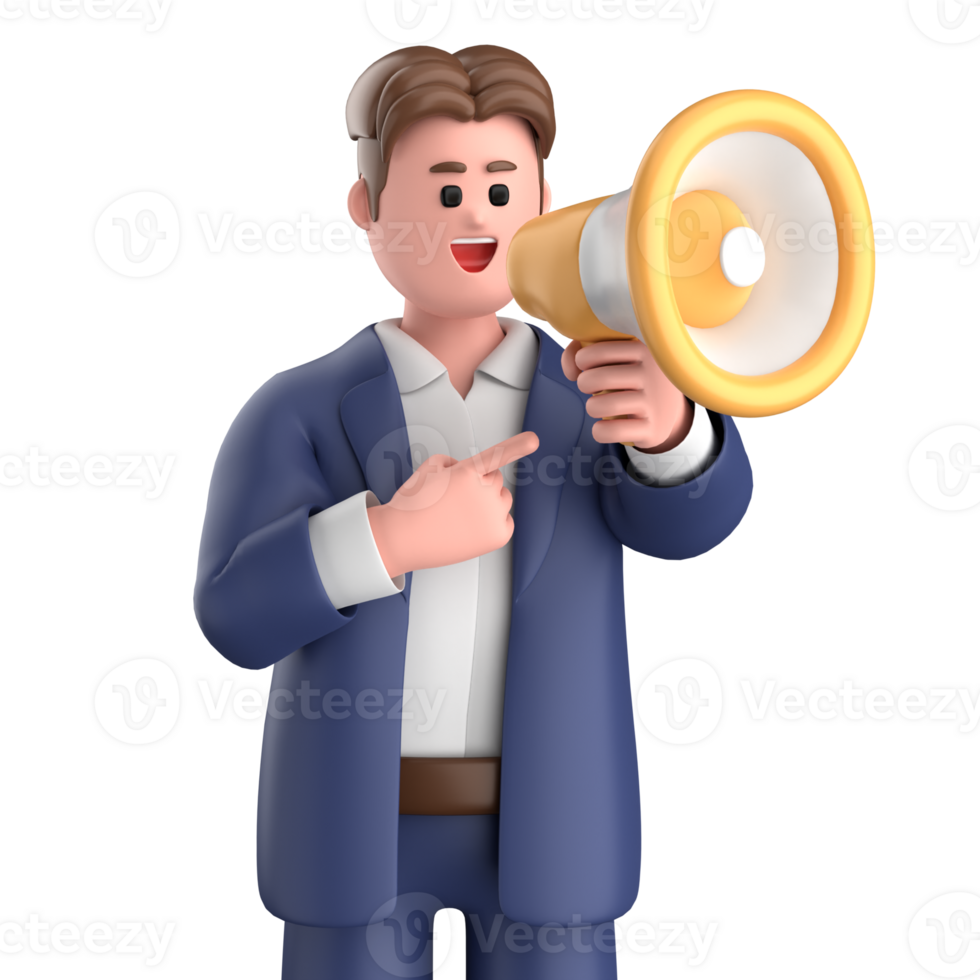 3d businessman executive pose and standing with megaphone isolated on transparent background, 3d rendering png