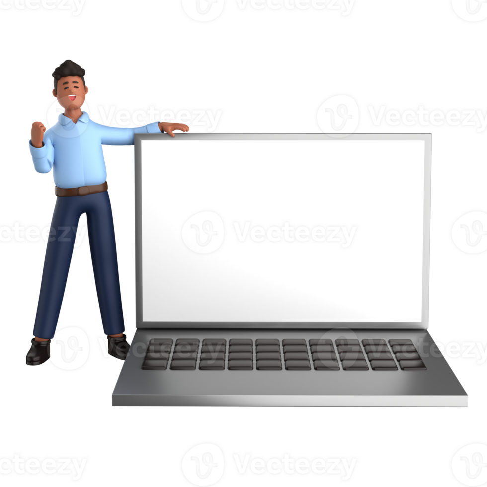 3d businessman executive pose and standing with laptop isolated on transparent background, 3d rendering png