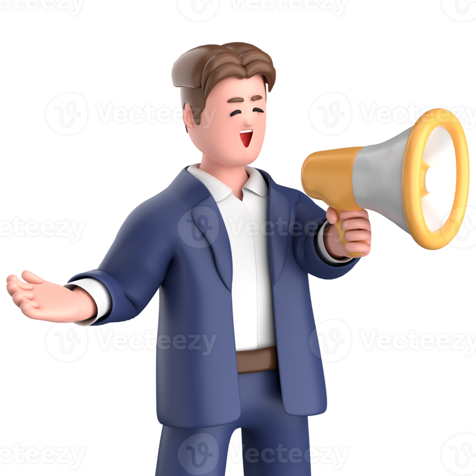 3d businessman executive pose and standing with megaphone isolated on transparent background, 3d rendering png