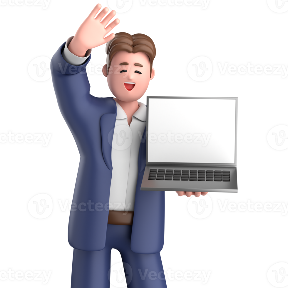 3d businessman executive pose and standing with laptop isolated on transparent background, 3d rendering png