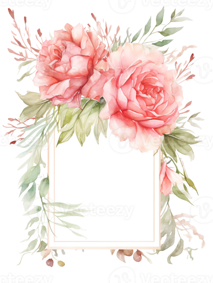 Watercolor of floral frame with rose for wedding invitation card on isolated background, romantic and luxury.Created with Generative AI technology. png