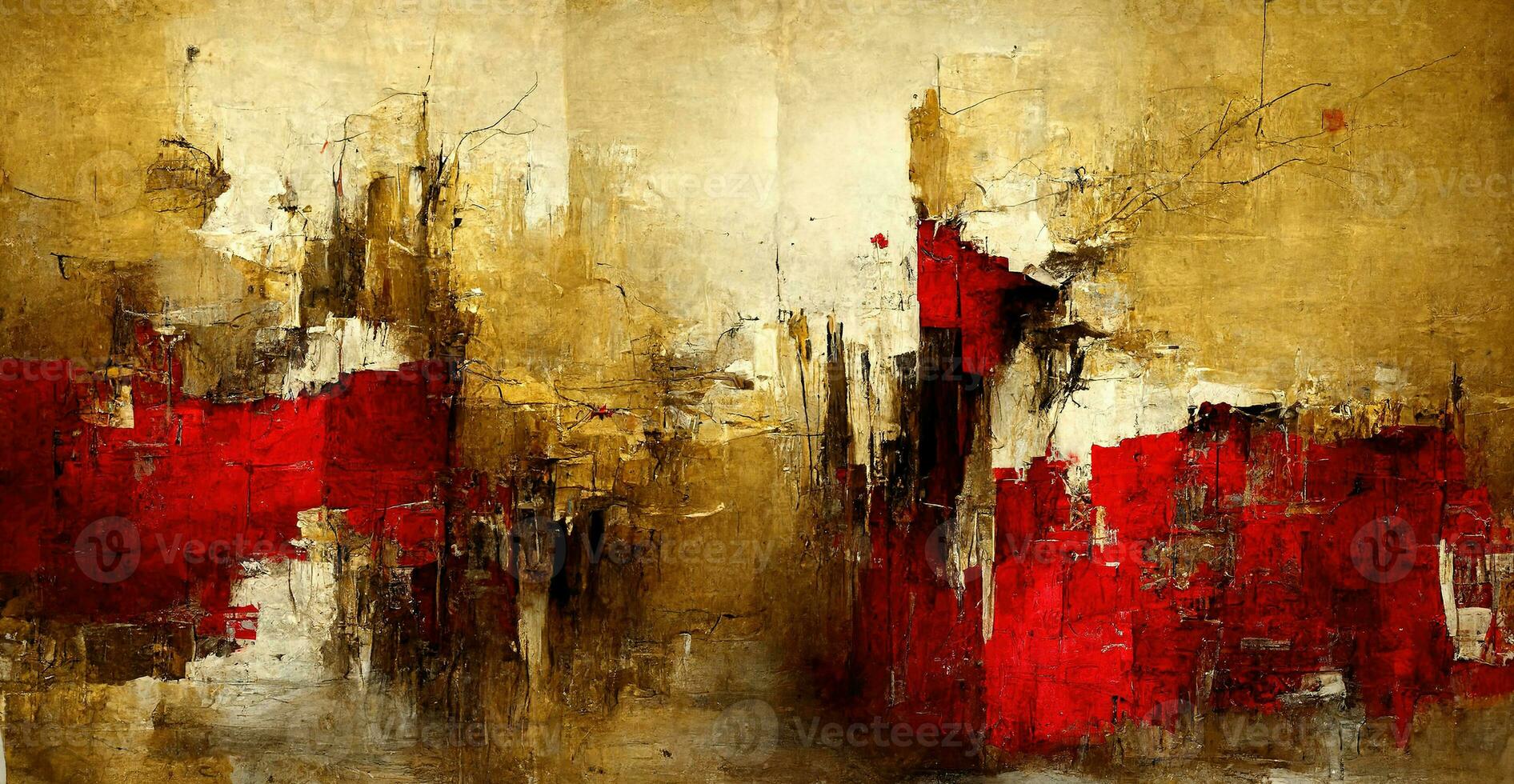 Generative AI, Red, golden and black watercolor abstract painted background. Ink black street graffiti art on a textured paper vintage background, washes and brush strokes. photo