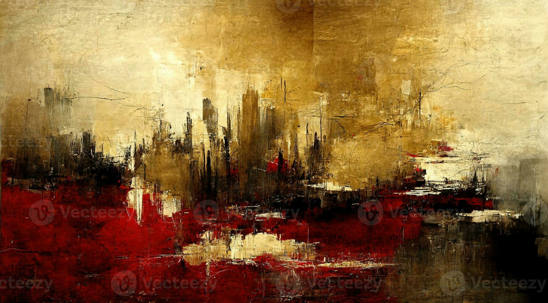 Generative AI, Red, golden and black watercolor abstract painted background. Ink black street graffiti art on a textured paper vintage background, washes and brush strokes. photo