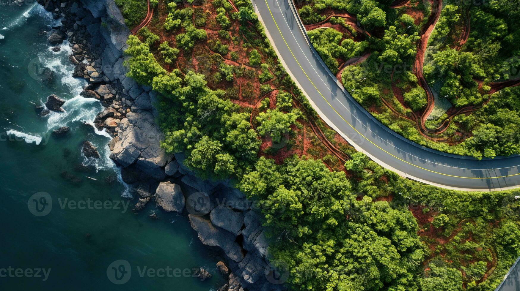 Generative AI, Aerial view of curved asphalt road near the ocean or sea, coastline photo