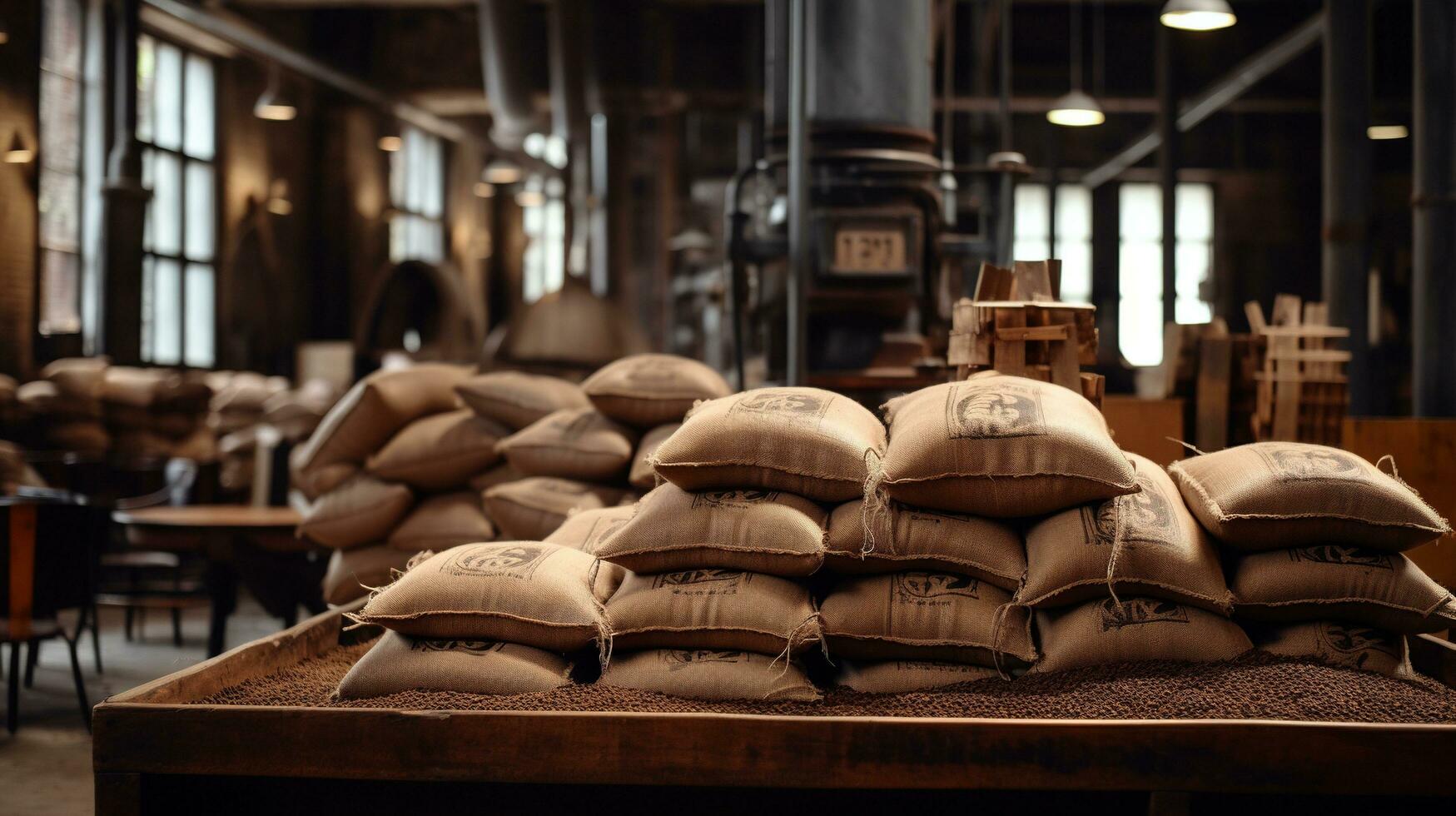 Generative AI, Stack hemp sacks of rice or coffee, industrial storage photo