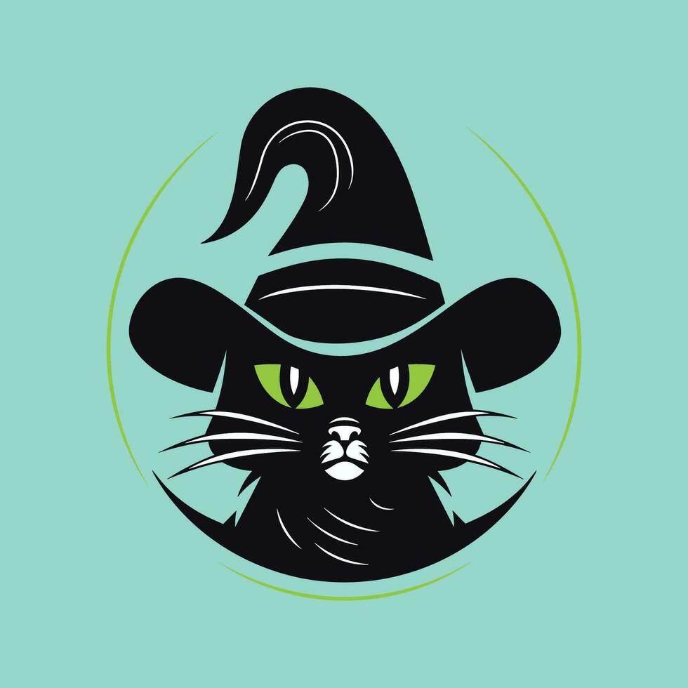 negro gato con bruja sombrero y verde ojos vector