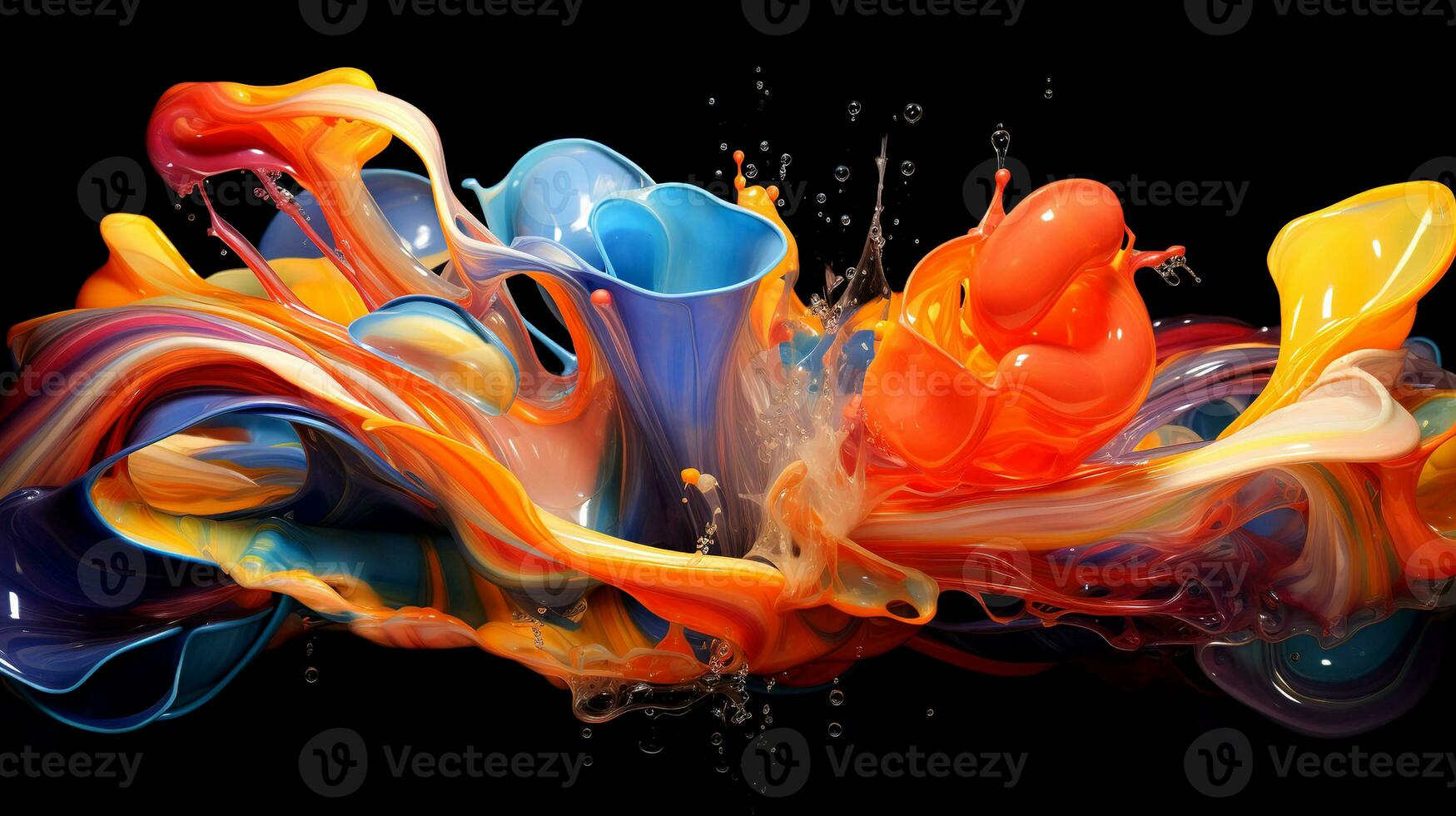 Splashes of bright paint close-up. The moment the varnish falls on a white surface Colorful splashes of paint are isolated on a black background. photo