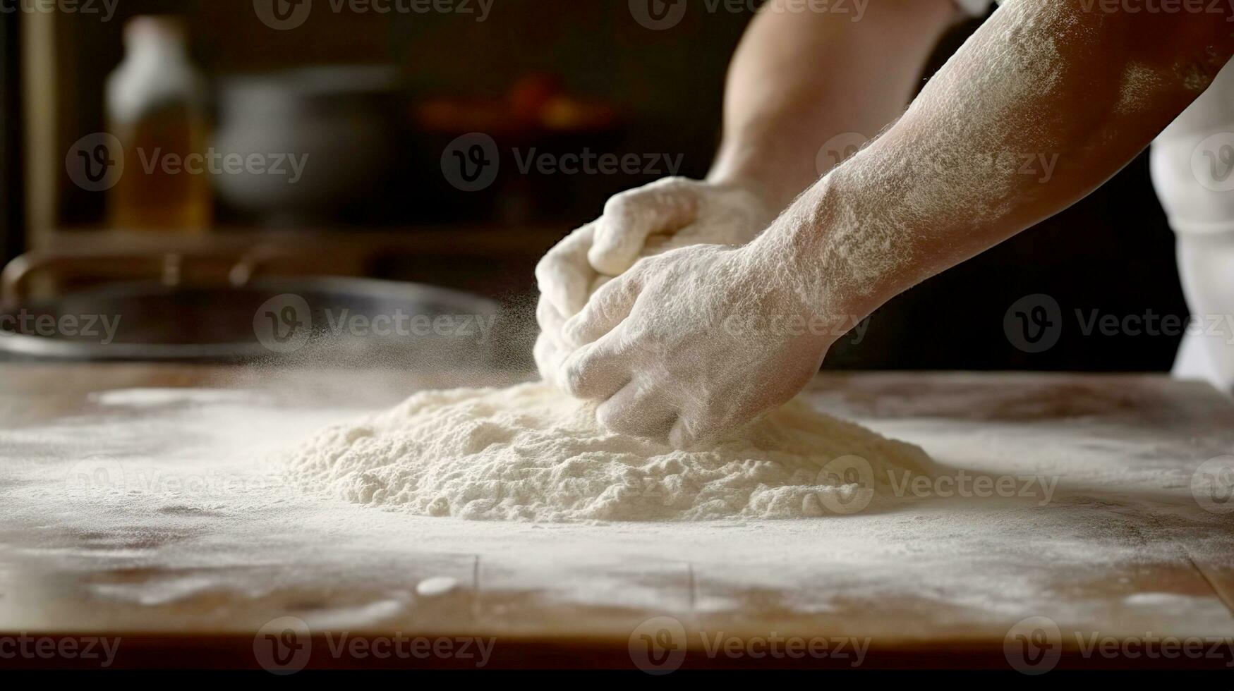The process of preparing dough in the kitchen. Man kneading dough on wooden table with flour. photo