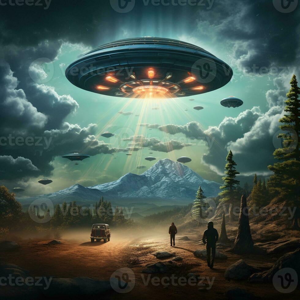 Flying saucer and aliens. UFO in the sky over a mountain range. UFO abduction a man in the forest. Fantasy landscape. photo