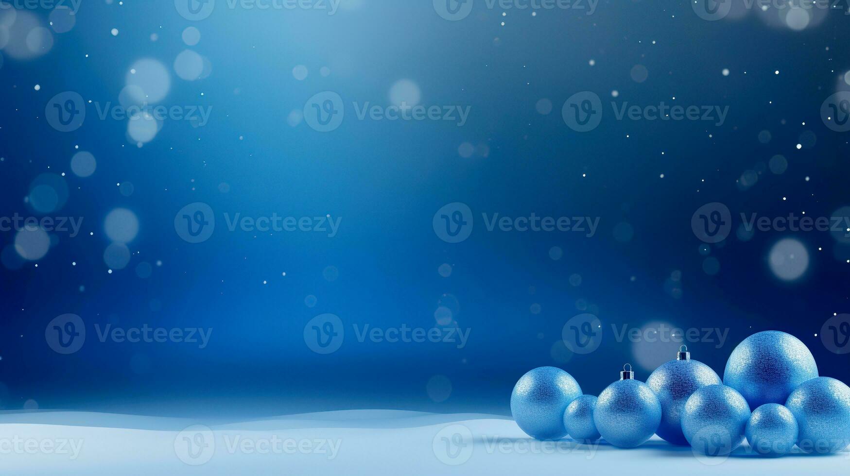 Blue christmas balls on blue background with falling snow. 3d illustration photo