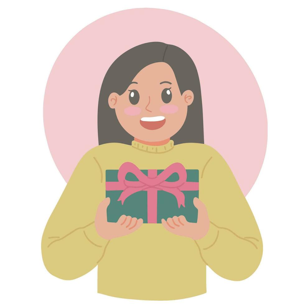 linda joven mujer trayendo caja de regalo con rosado cinta ilustración vector