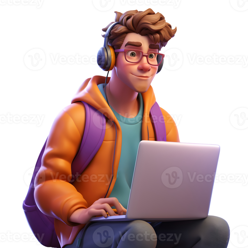 3d Freelancer using laptop for work, Freelancer Working Remotely with Laptop, 3d Freelancer character render, Digital Nomad or Successful Freelancer 3d render isolated on transparent BG, png