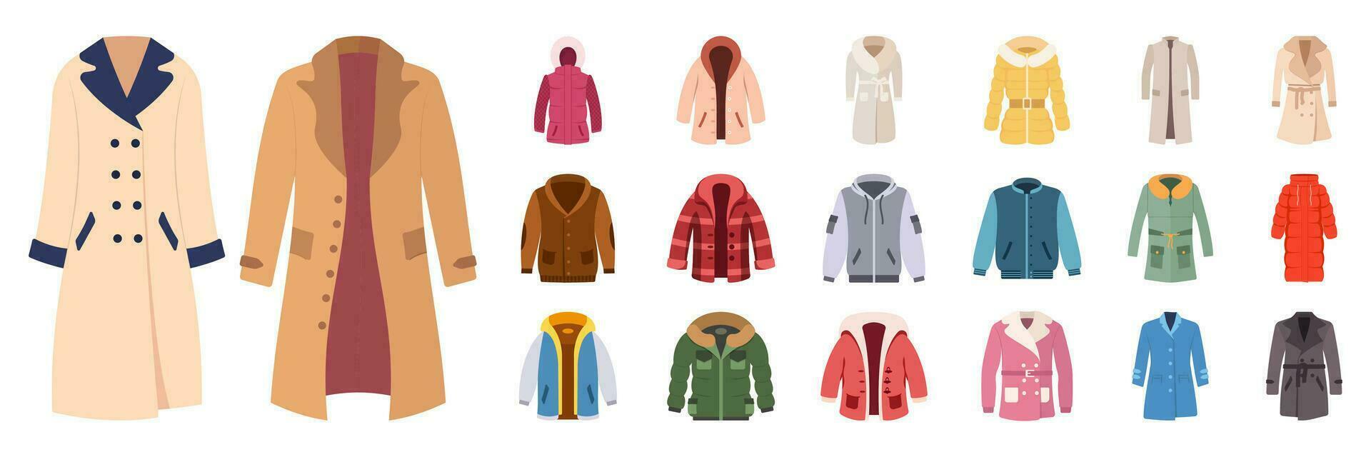 Winter clothes set and cold weather accessories are isolated on a white background. Vector cozy clothing warm coat or outerwear fashion.