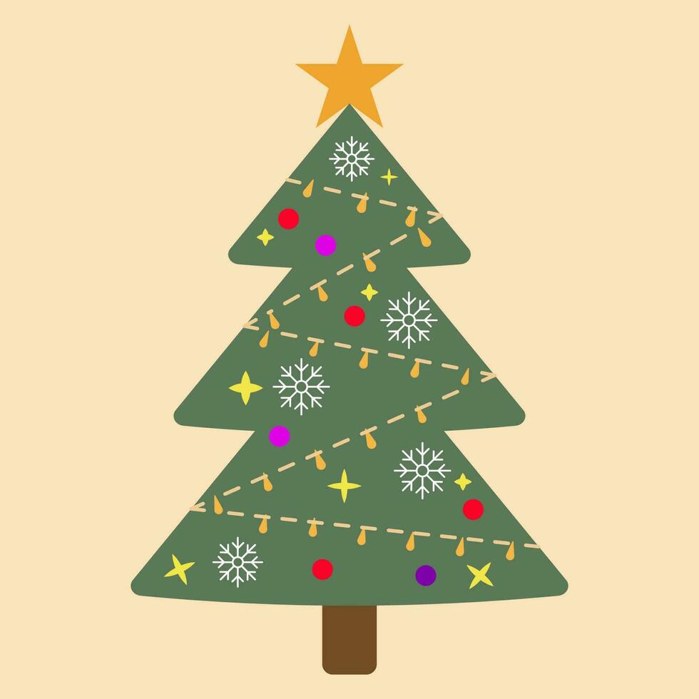 Christmas tree. Evergreen tree with decorations and gifts or toys. Christmas and New Year celebration concept. Cartoon style, colorful drawing. vector