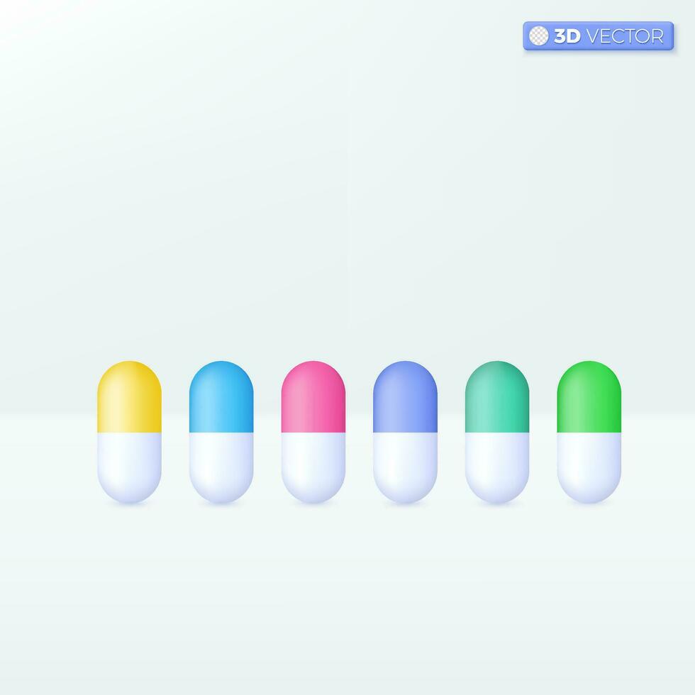 Multicolors Medical pills icon symbols. Capsules, drugs, pharmacy, Healthcare and medicine concept. 3D vector isolated illustration design Cartoon pastel Minimal style. For design ux, ui, print ad.