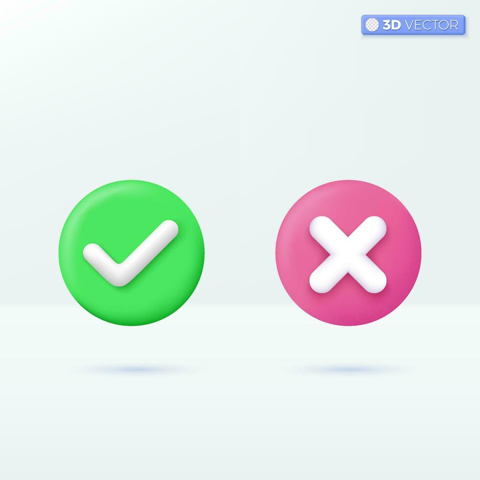 Right and Wrong icon symbols. check mark, cross mark, yes, accepted and rejected concept. 3D vector isolated illustration design Cartoon pastel Minimal style. You can used for design ux, ui, print ad.