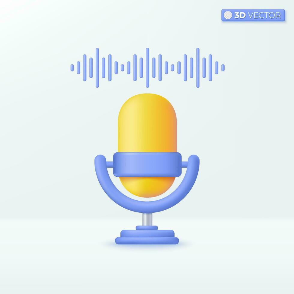 Yellow Microphone on stand and sound wave icon symbol. record, equipment for audio broadcasts concept. 3D vector isolated illustration design. Cartoon pastel Minimal style. For design ux, ui, print ad