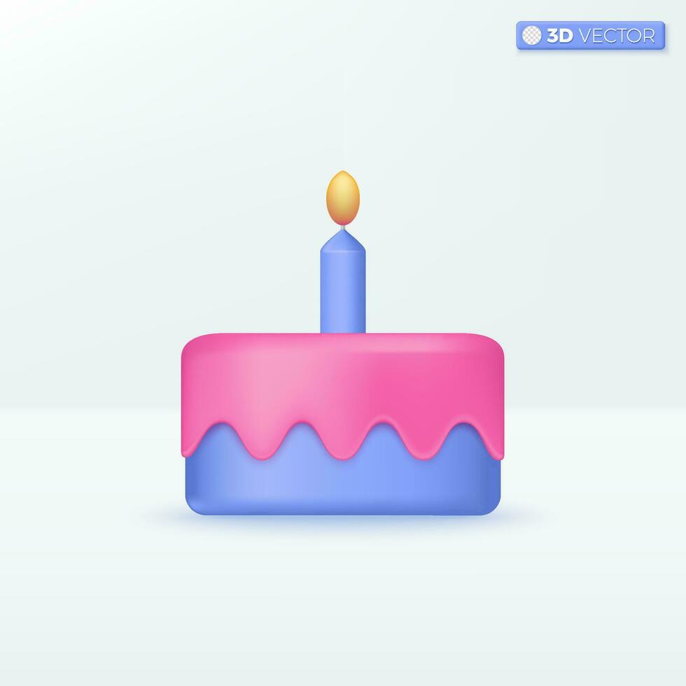 Childish birthday pink glaze icing cake and candle icon symbols. celebration concept. 3D vector isolated illustration design. Cartoon pastel Minimal style. You can used for design ux, ui, print ad.