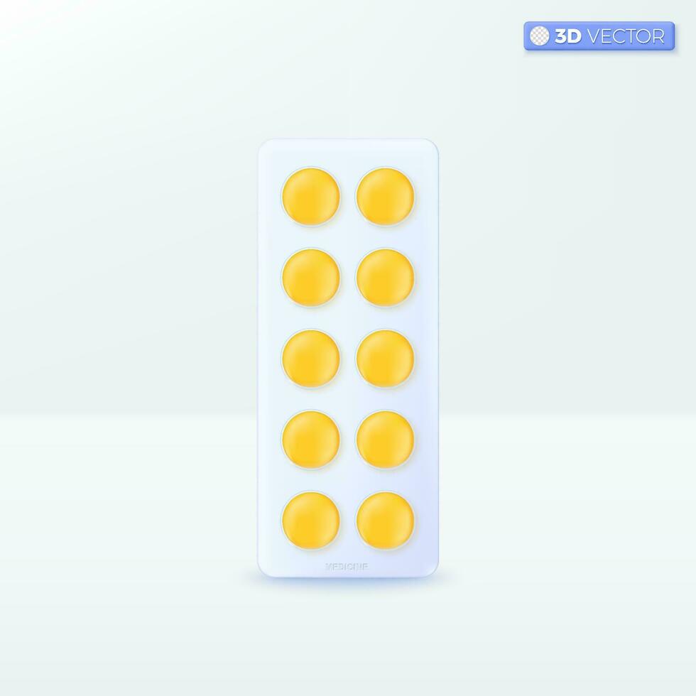 Blister packs antibiotics icon symbol. yellow drug. pills. healthy. Medical concept. 3D vector isolated illustration design Cartoon pastel Minimal style. You can used for mobile app, ux, ui, print ad.