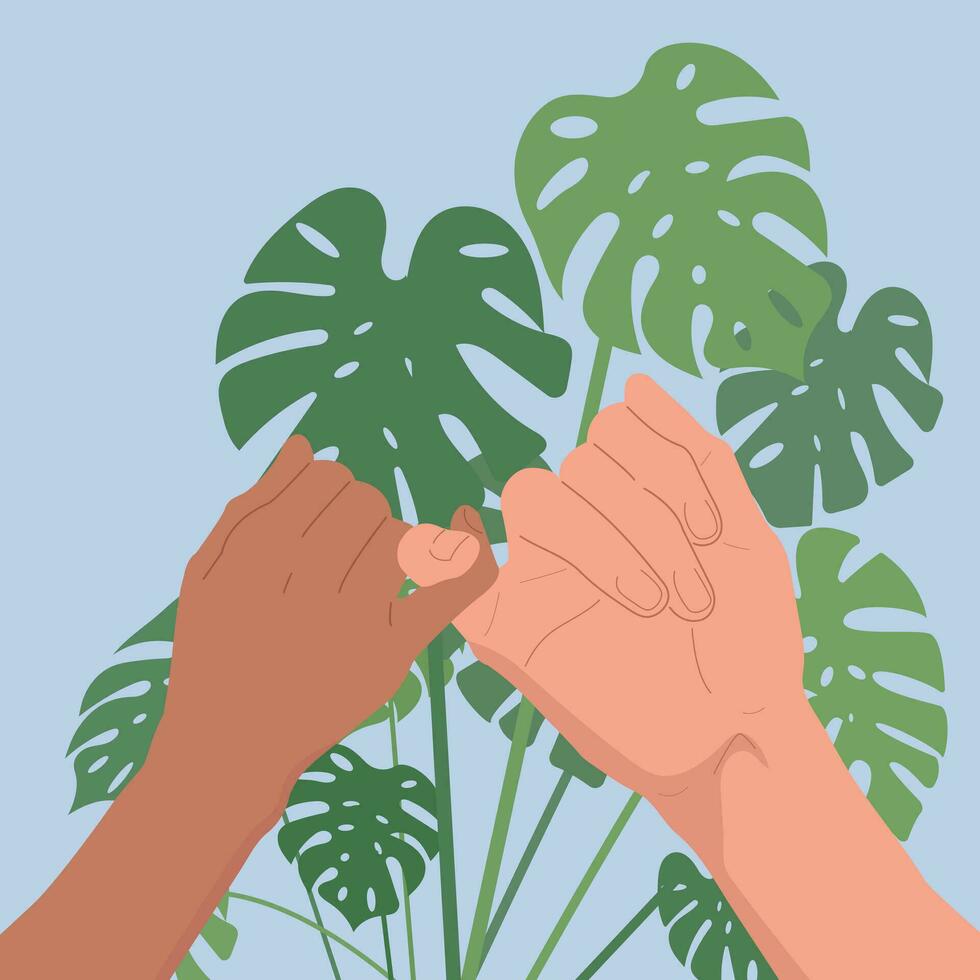 The concept of love and teamwork. Two hands hold each other. Symbol of happy partnership, success, childhood, friendship. Flat design. Vector. vector