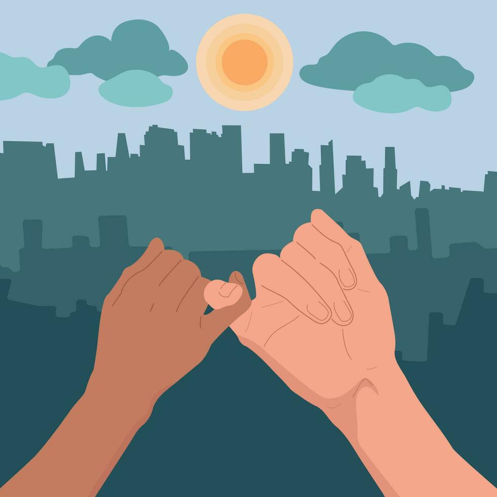 The concept of love and teamwork. Two hands hold each other. Symbol of happy partnership, success, childhood, friendship. Flat design. Vector. vector