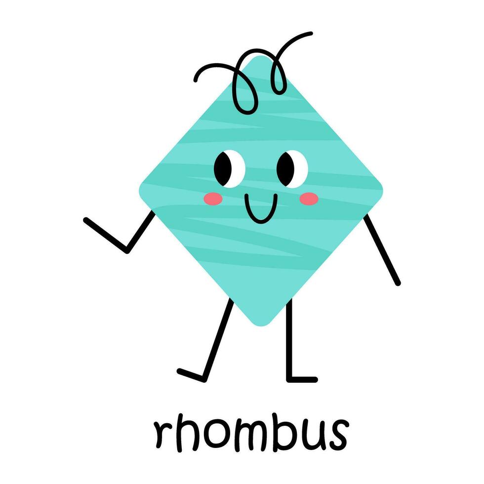 Vector blue rhombus character. Cute geometric figure with face, blush and hair. Cute funny smiling shape character for kids and children design. Rhombus poster for school and kindergarten.