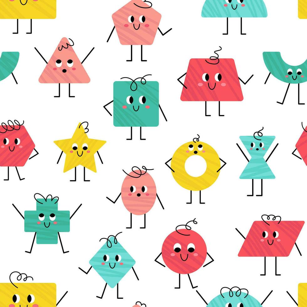 Vector seamless pattern with cute geometric figures. Trendy geometric shape characters with face on white background. Cute funny smiling shape characters for kids and children seamless pattern.