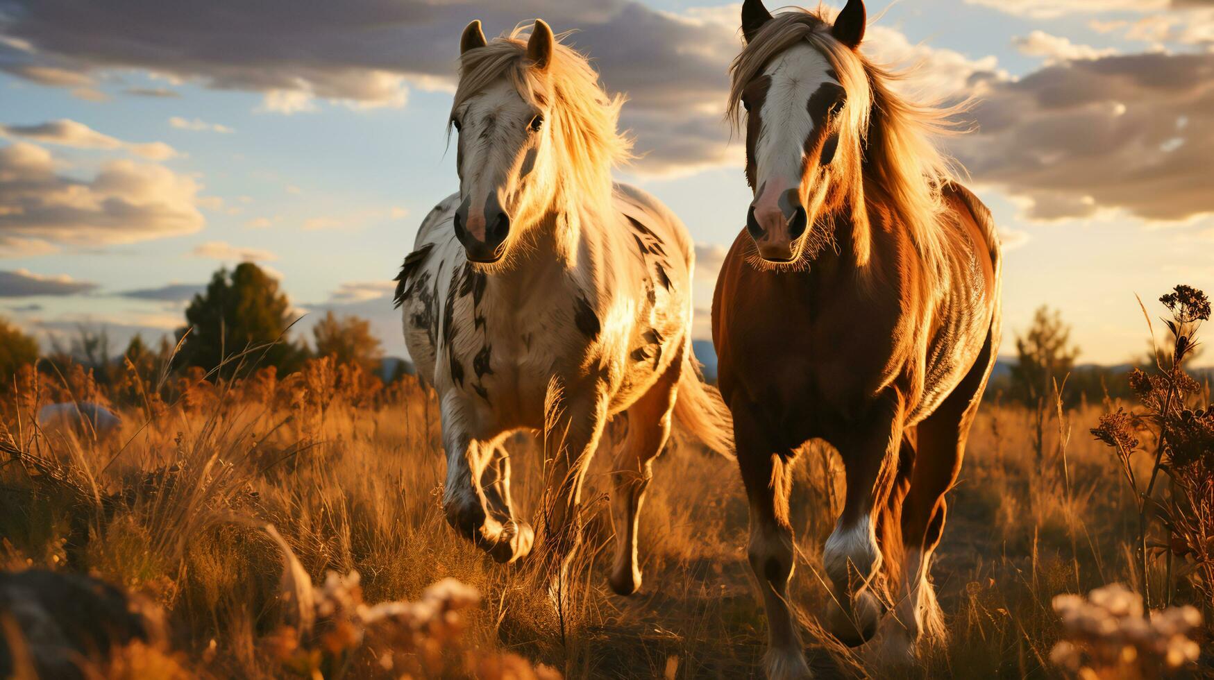 el caballo es Moviente en el prado, generativo ai foto