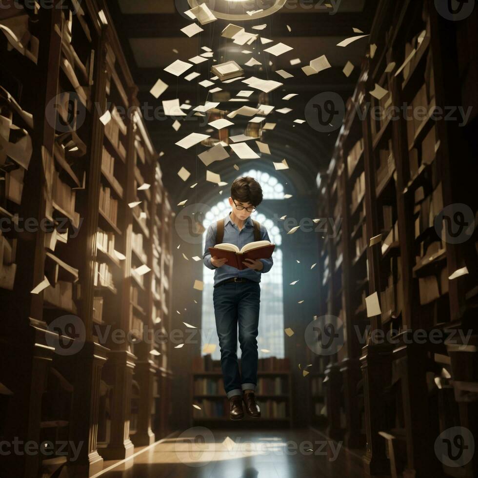 teenager student in a  library full of books photo