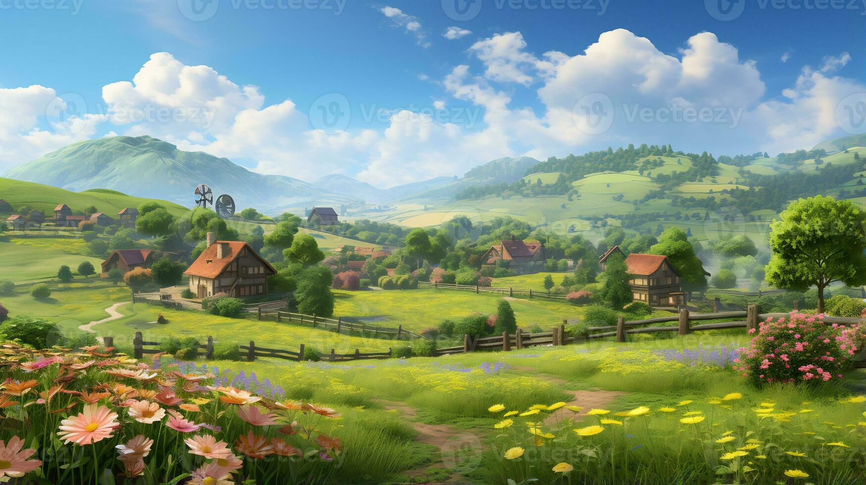 An idyllic rural landscape with a charm farmhouse photo
