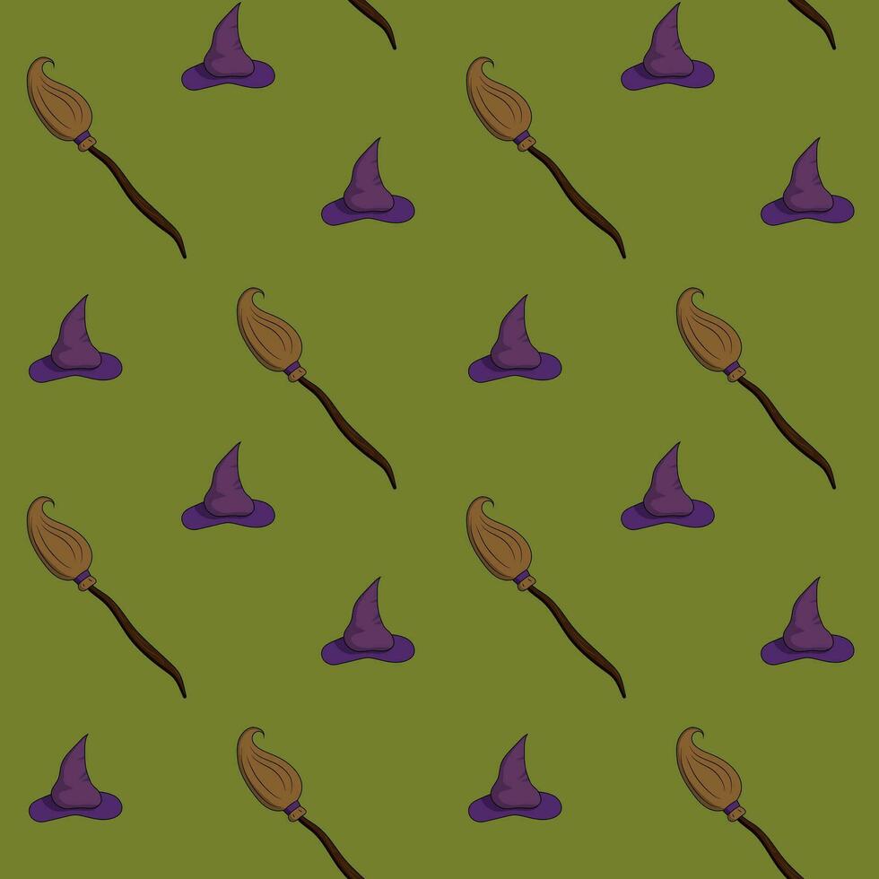 seamless Halloween pattern with brooms and witch hat vector