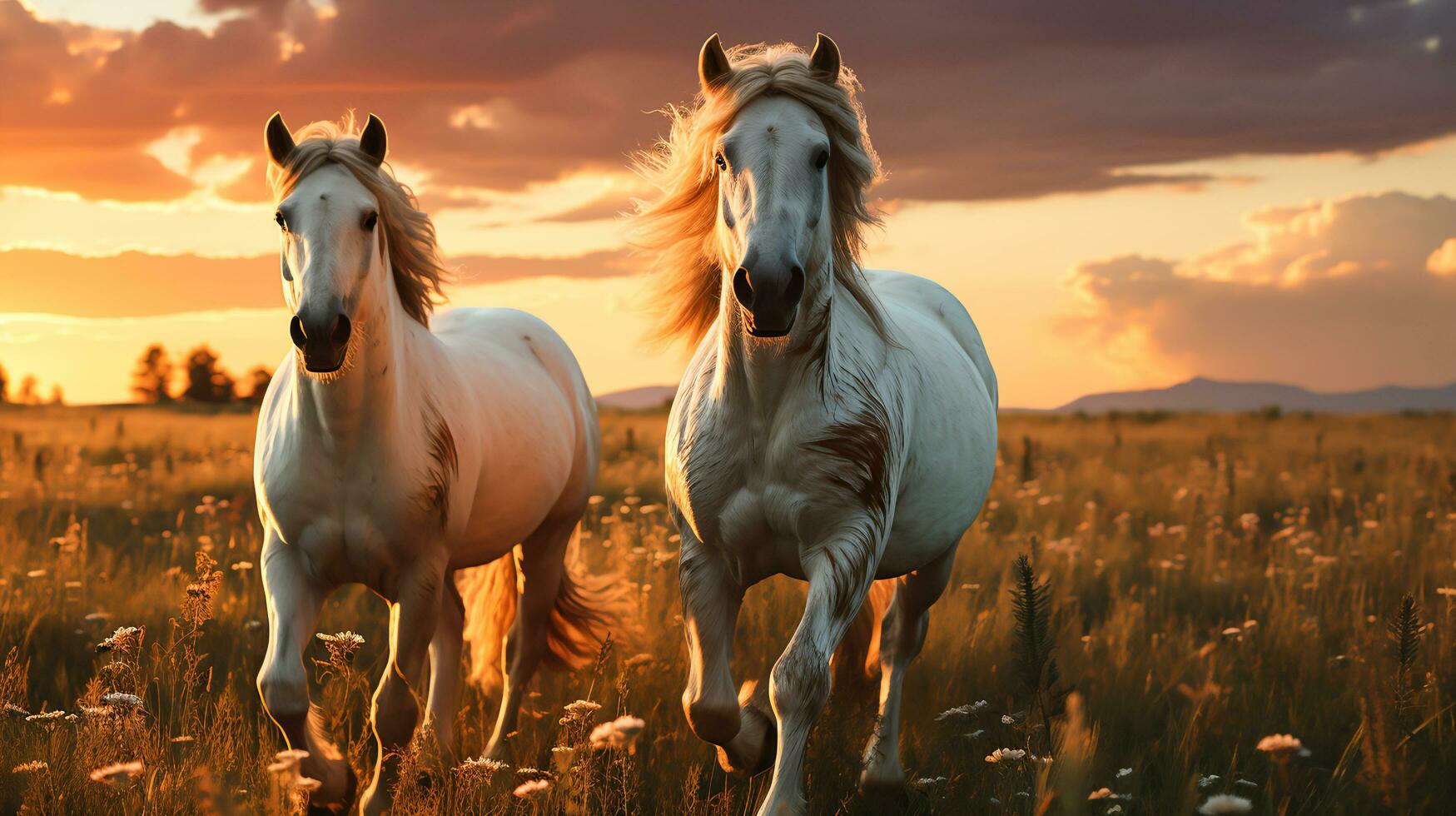 The horse is moving on the meadow, Generative Ai photo